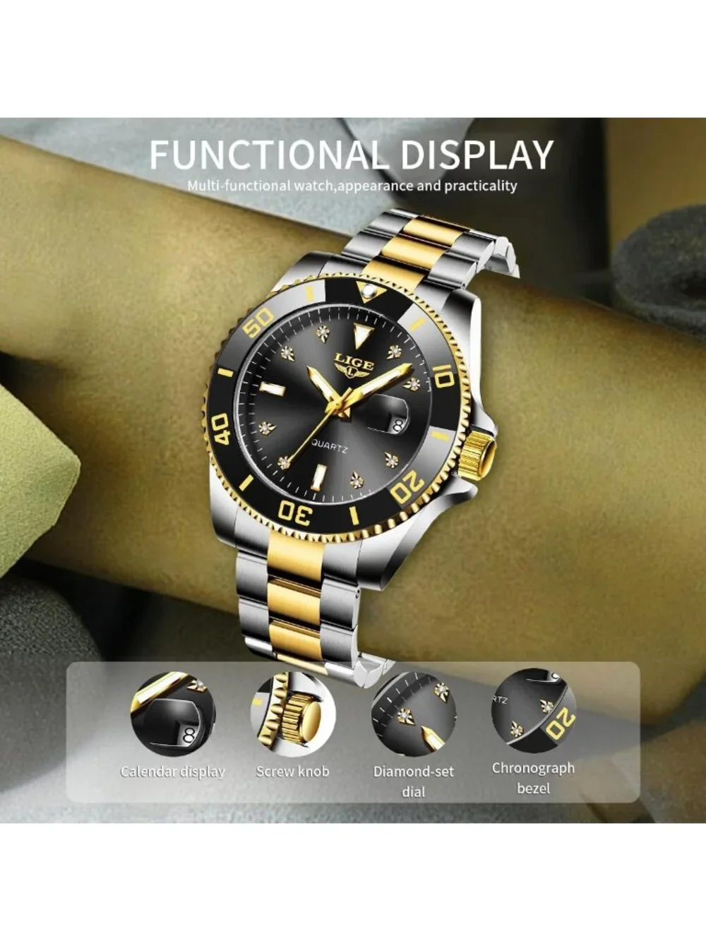 Men's Silver Gold Black Quartz Analog Stainless Steel Waterproof Date Wristwatch